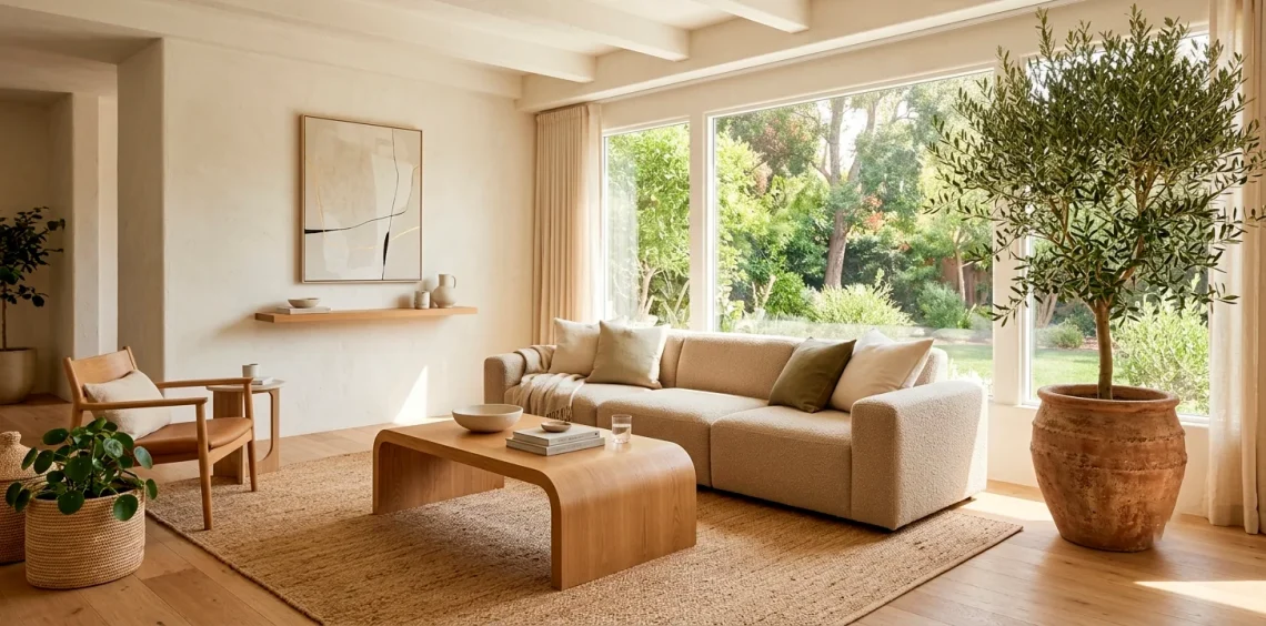 Organic modern living room featuring a cozy boucle sofa, light oak wood coffee table, and an olive tree.