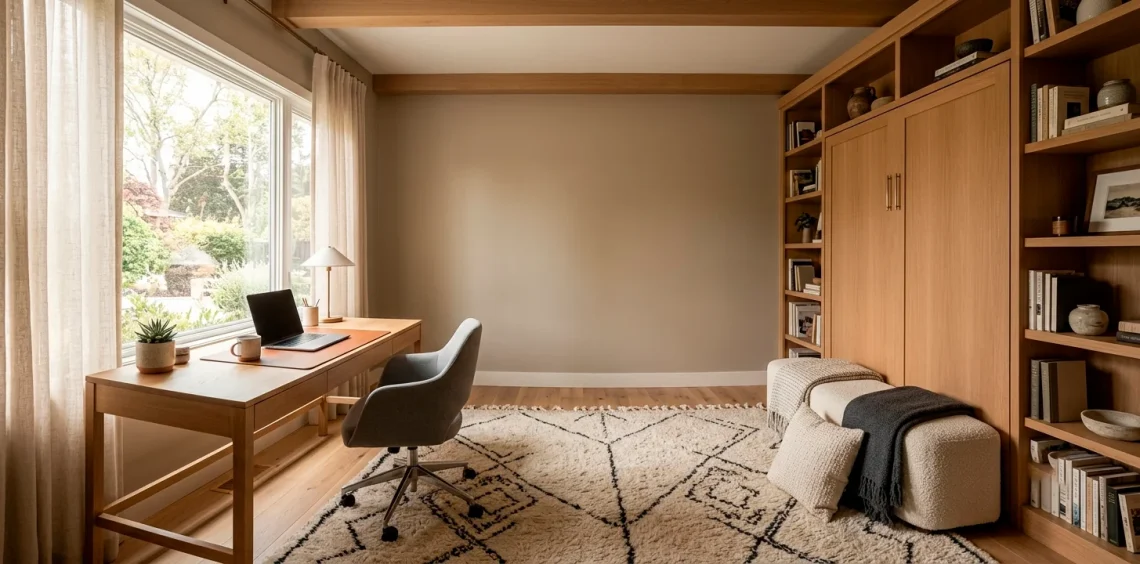 Modern multi functional guest room office combo featuring a stylish oak desk and a sleek built in Murphy bed.