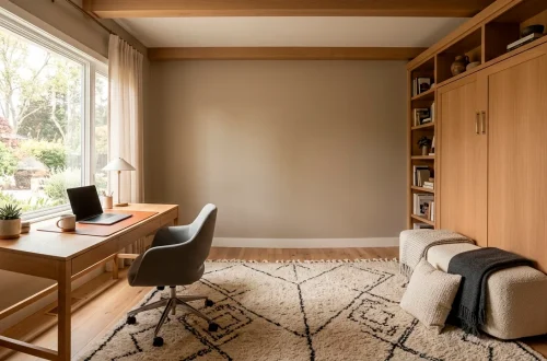 Modern multi functional guest room office combo featuring a stylish oak desk and a sleek built in Murphy bed.