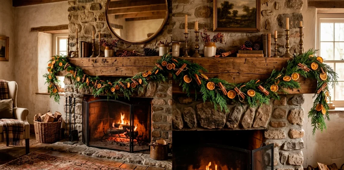 Cozy fireplace mantel styled with a rustic homemade dried orange garland and vintage brass candlesticks.