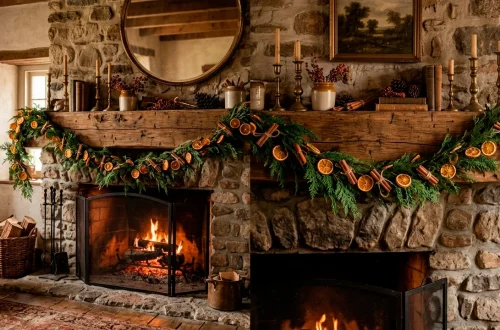 Cozy fireplace mantel styled with a rustic homemade dried orange garland and vintage brass candlesticks.