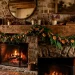 Cozy fireplace mantel styled with a rustic homemade dried orange garland and vintage brass candlesticks.