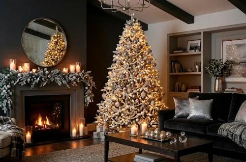 Sophisticated holiday living room featuring a glowing Christmas tree with moody charcoal and silver decorations.