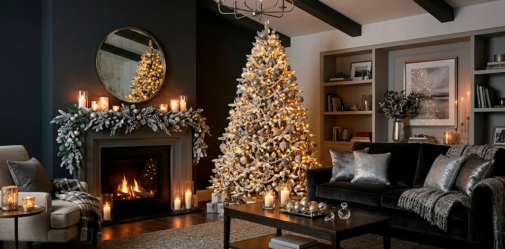 Sophisticated holiday living room featuring a glowing Christmas tree with moody charcoal and silver decorations.
