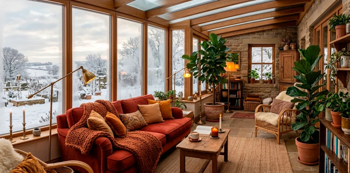 Cozy winter sunroom featuring cinnamon terracotta furniture, warm blankets, and scenic snowy window views.