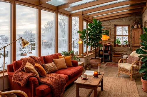 Cozy winter sunroom featuring cinnamon terracotta furniture, warm blankets, and scenic snowy window views.