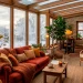 Cozy winter sunroom featuring cinnamon terracotta furniture, warm blankets, and scenic snowy window views.