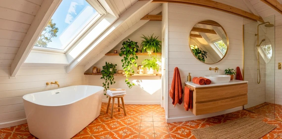 Sunlit attic bathroom featuring crisp white sloped ceilings, vibrant orange accents, and a freestanding soaking tub.