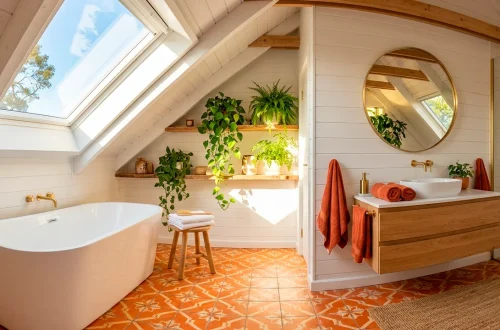 Sunlit attic bathroom featuring crisp white sloped ceilings, vibrant orange accents, and a freestanding soaking tub.