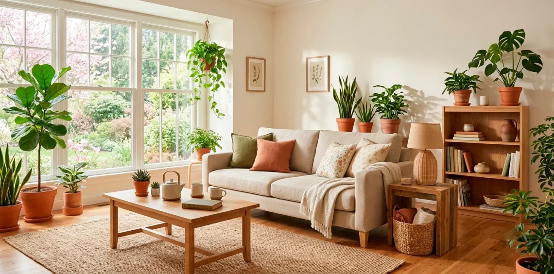 Sunlit eco-friendly living room with organic linen sofa, jute rug, and green houseplants for spring home decor.