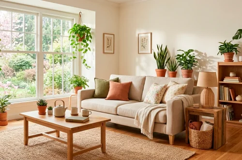 Sunlit eco-friendly living room with organic linen sofa, jute rug, and green houseplants for spring home decor.
