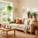 Sunlit eco-friendly living room with organic linen sofa, jute rug, and green houseplants for spring home decor.