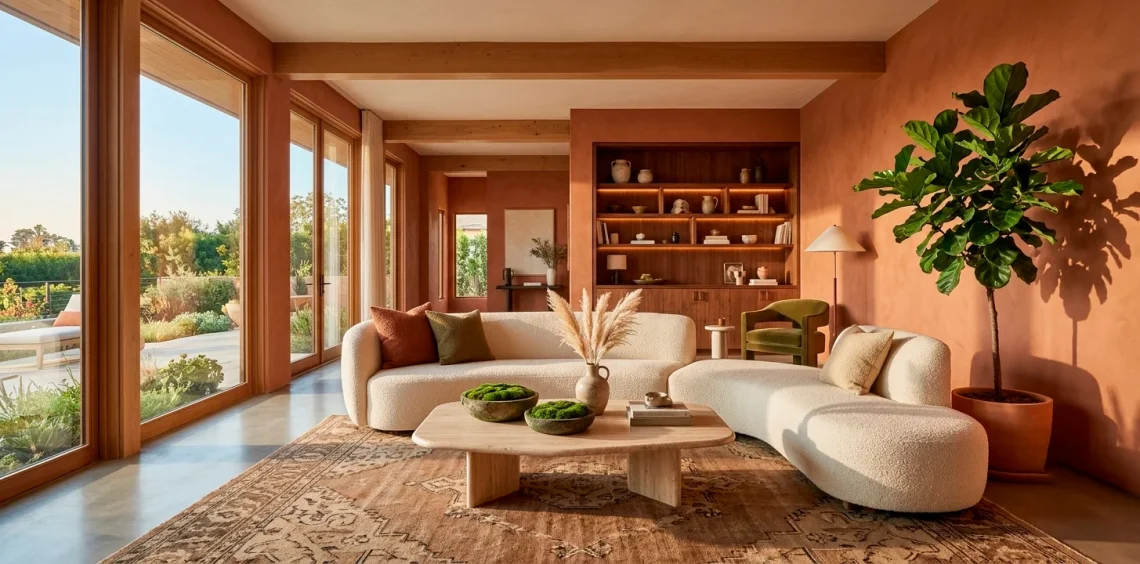 Stunning 2026 living room decor trends featuring warm earth tones, a curved boucle sofa, and biophilic plants.