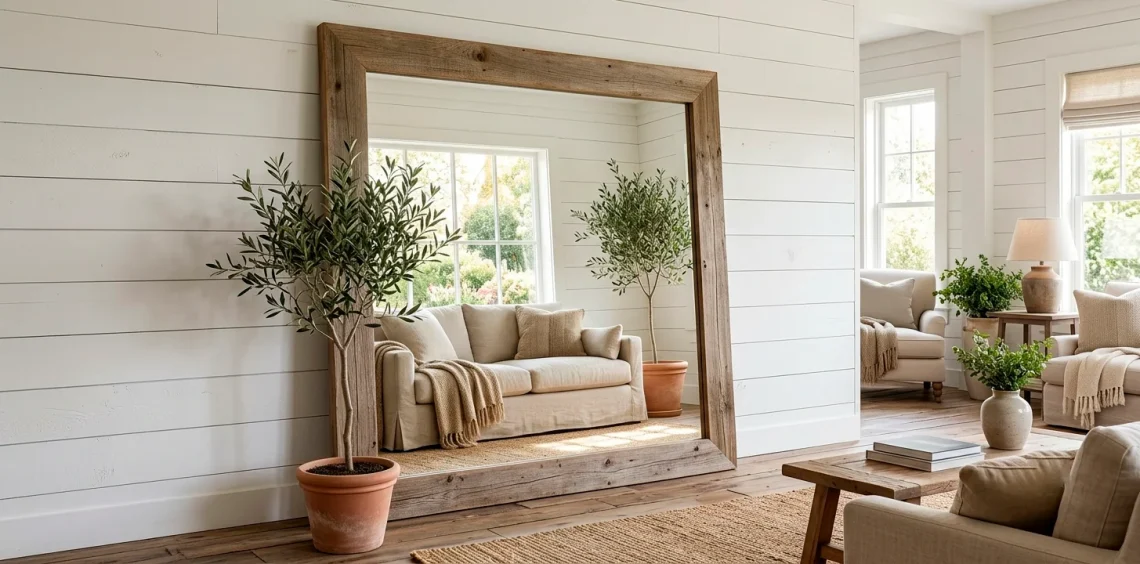 Oversized reclaimed barn wood mirror leaning against a white shiplap wall in a sunlit farmhouse living room.