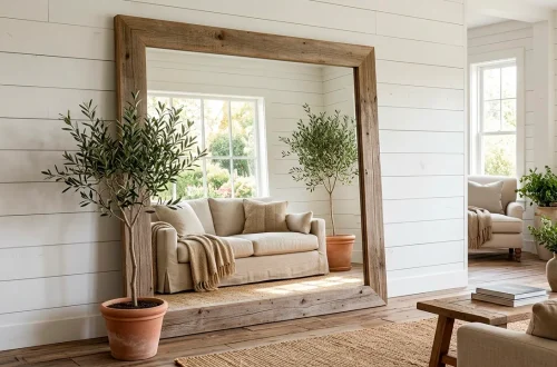 Oversized reclaimed barn wood mirror leaning against a white shiplap wall in a sunlit farmhouse living room.