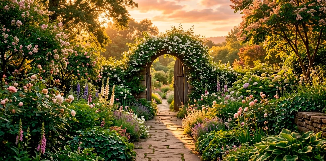 Beautiful arched wooden garden gate covered in jasmine vines at sunset