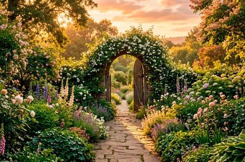 Beautiful arched wooden garden gate covered in jasmine vines at sunset