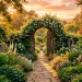 Beautiful arched wooden garden gate covered in jasmine vines at sunset