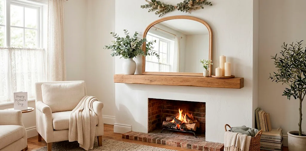 A wide 2x1 banner showing a beautifully styled serene Mother's Day mantel with a mirror and eucalyptus.