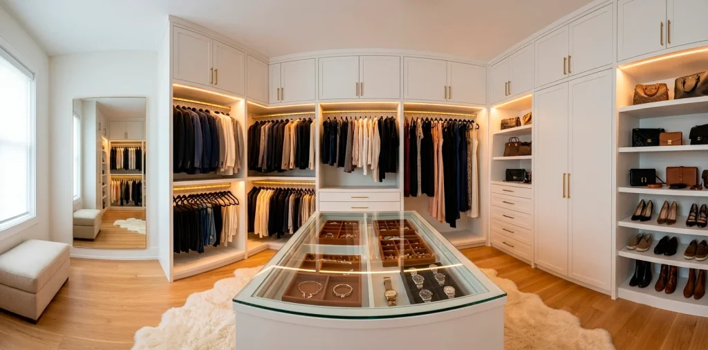 Luxurious walk-in closet featuring velvet hangers, a glass jewelry island, and warm LED lighting