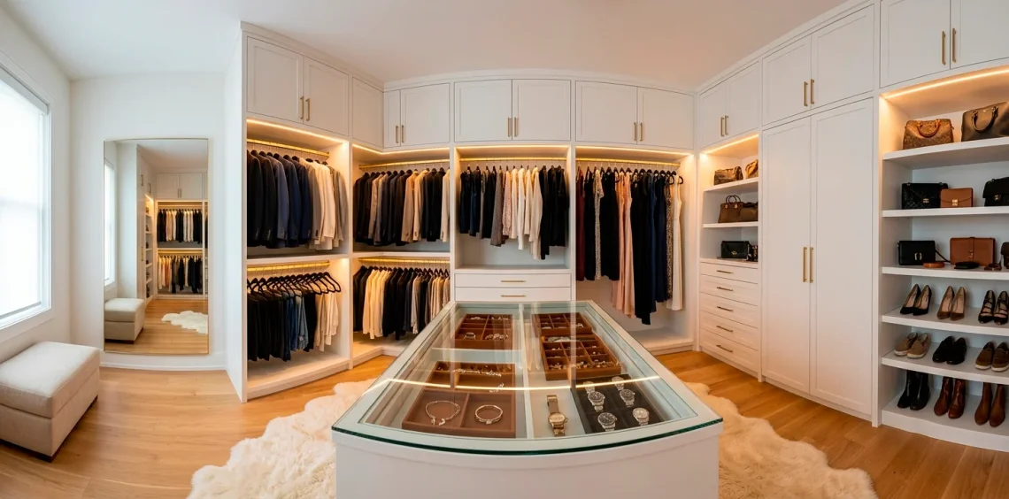 Luxurious walk-in closet featuring velvet hangers, a glass jewelry island, and warm LED lighting
