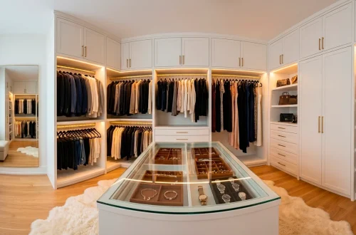 Luxurious walk-in closet featuring velvet hangers, a glass jewelry island, and warm LED lighting