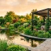 Modern backyard duck pond with sleek stone borders and secure predator-proof mesh enclosure at sunset.
