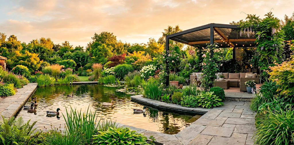 Modern backyard duck pond with sleek stone borders and secure predator-proof mesh enclosure at sunset.