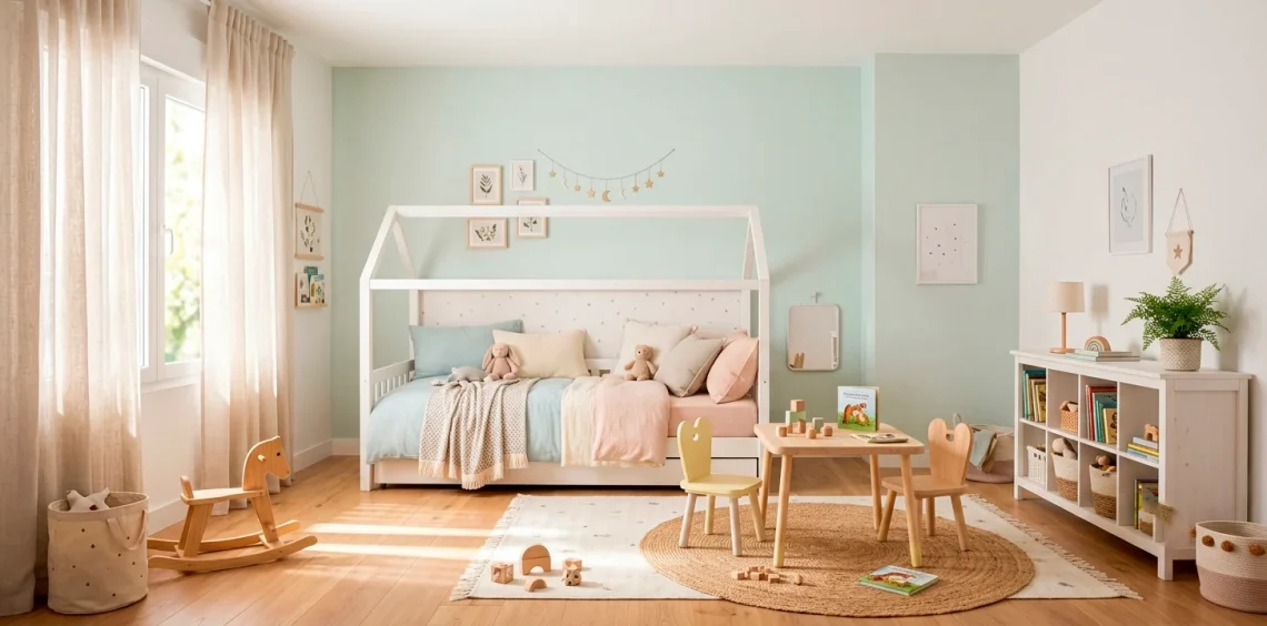Bright and airy small kids bedroom featuring natural sunlight, soft pastel colors, and smart space-saving design