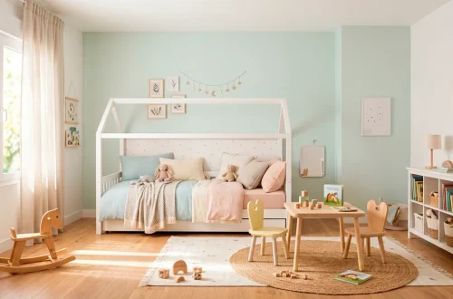 Bright and airy small kids bedroom featuring natural sunlight, soft pastel colors, and smart space-saving design