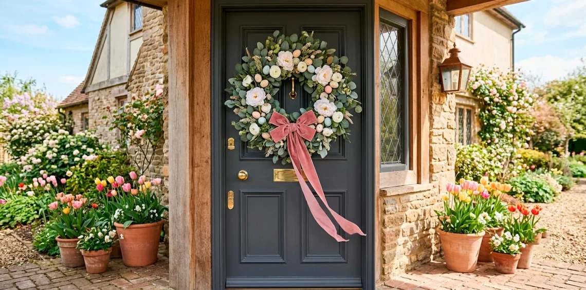 Large lush Easter wreath with dusty rose velvet ribbon on a dark charcoal front door with spring sunlight