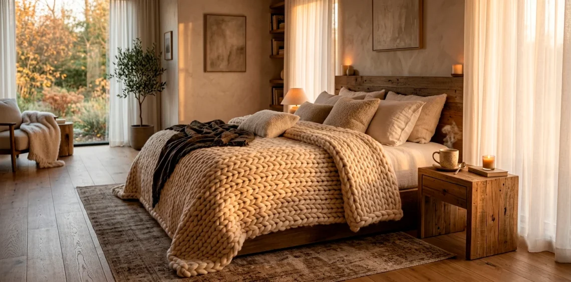 Wide horizontal view of a cozy bedroom featuring a massive cream chunky knit blanket draped over a luxurious bed.