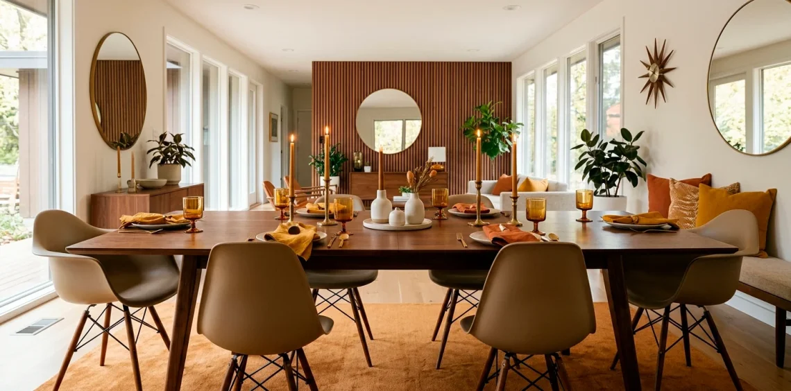 Mid-century modern dining room decorated for Thanksgiving with a walnut table and brass accents