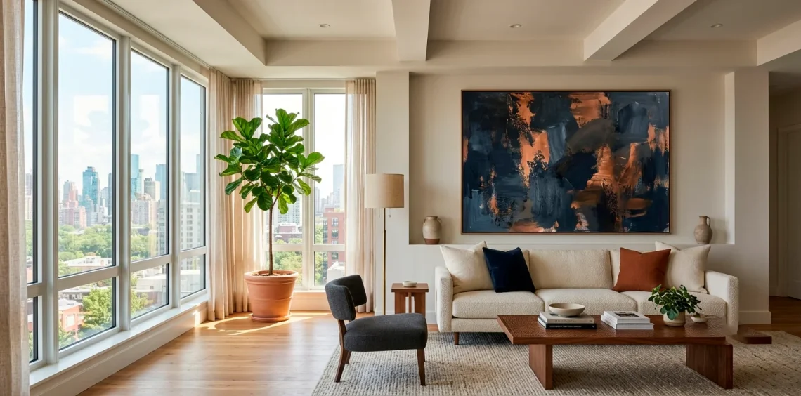 Oversized abstract expressionist painting in a sunlit modern minimalist apartment living room decor.