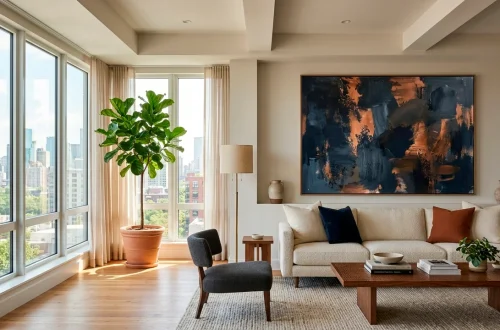 Oversized abstract expressionist painting in a sunlit modern minimalist apartment living room decor.