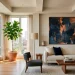 Oversized abstract expressionist painting in a sunlit modern minimalist apartment living room decor.