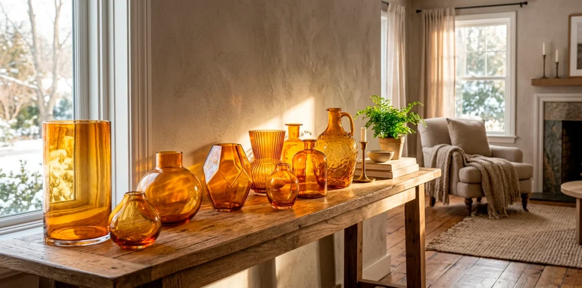 A cozy winter living room console table featuring beautiful amber glass vases catching warm golden sunlight.
