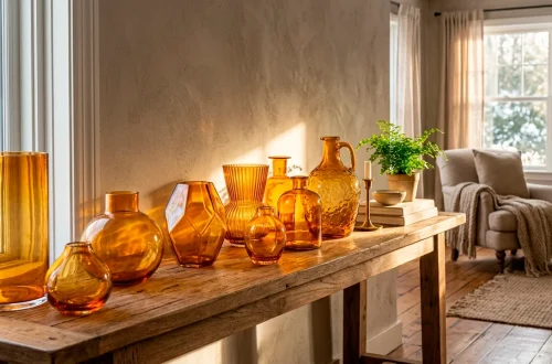 A cozy winter living room console table featuring beautiful amber glass vases catching warm golden sunlight.