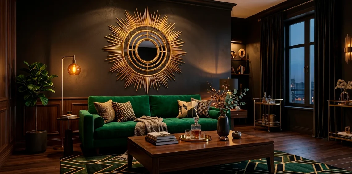 Luxurious living room featuring a large gold Art Deco sunburst mirror over an emerald green velvet sofa.