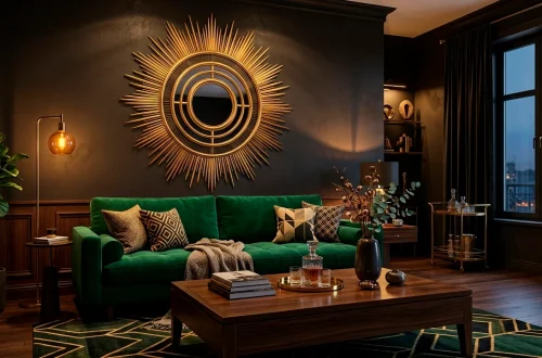 Luxurious living room featuring a large gold Art Deco sunburst mirror over an emerald green velvet sofa.