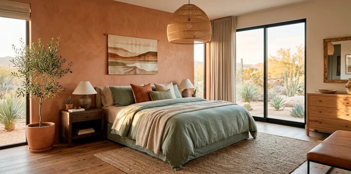 Earthy desert-inspired bedroom with terracotta walls and sage green linen bedding.