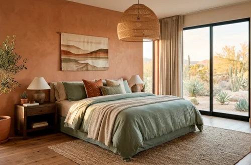 Earthy desert-inspired bedroom with terracotta walls and sage green linen bedding.