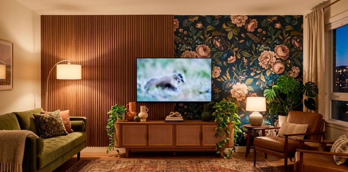 Eclectic living room TV wall featuring mixed textures of fluted wood and dark floral wallpaper.