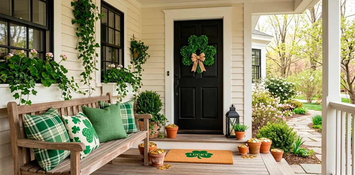 Beautifully decorated front porch for St. Patrick's Day featuring green pillows and a shamrock wreath