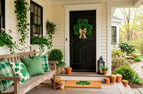 Beautifully decorated front porch for St. Patrick's Day featuring green pillows and a shamrock wreath