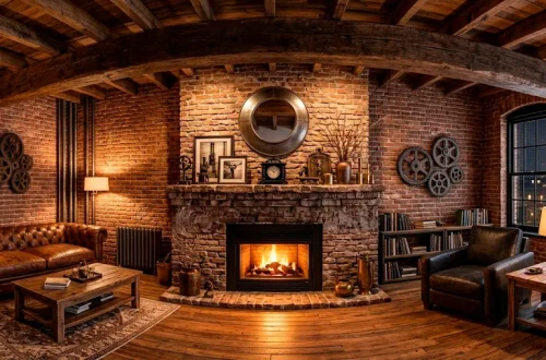 Sleek industrial loft living room with a beautifully decorated fireplace mantle featuring metals and wood