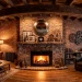 Sleek industrial loft living room with a beautifully decorated fireplace mantle featuring metals and wood