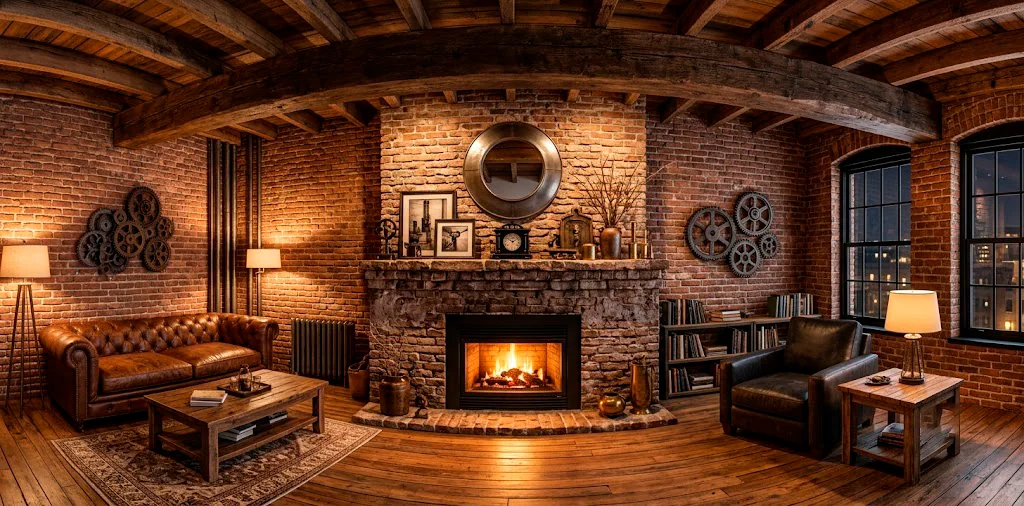 Sleek industrial loft living room with a beautifully decorated fireplace mantle featuring metals and wood