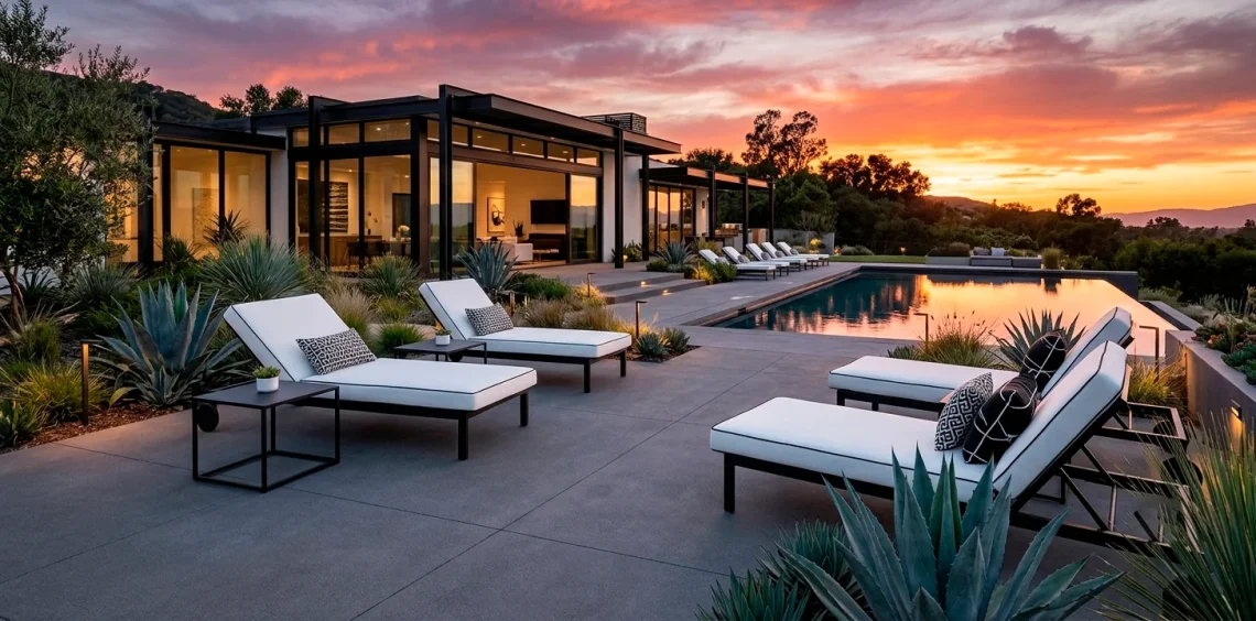 Luxurious modern monochrome patio with charcoal concrete pavers and black and white lounge chairs.