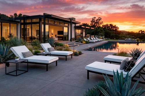 Luxurious modern monochrome patio with charcoal concrete pavers and black and white lounge chairs.